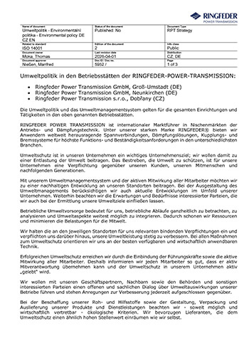 Environmental Policy RINGFEDER POWER TRANSMISSION